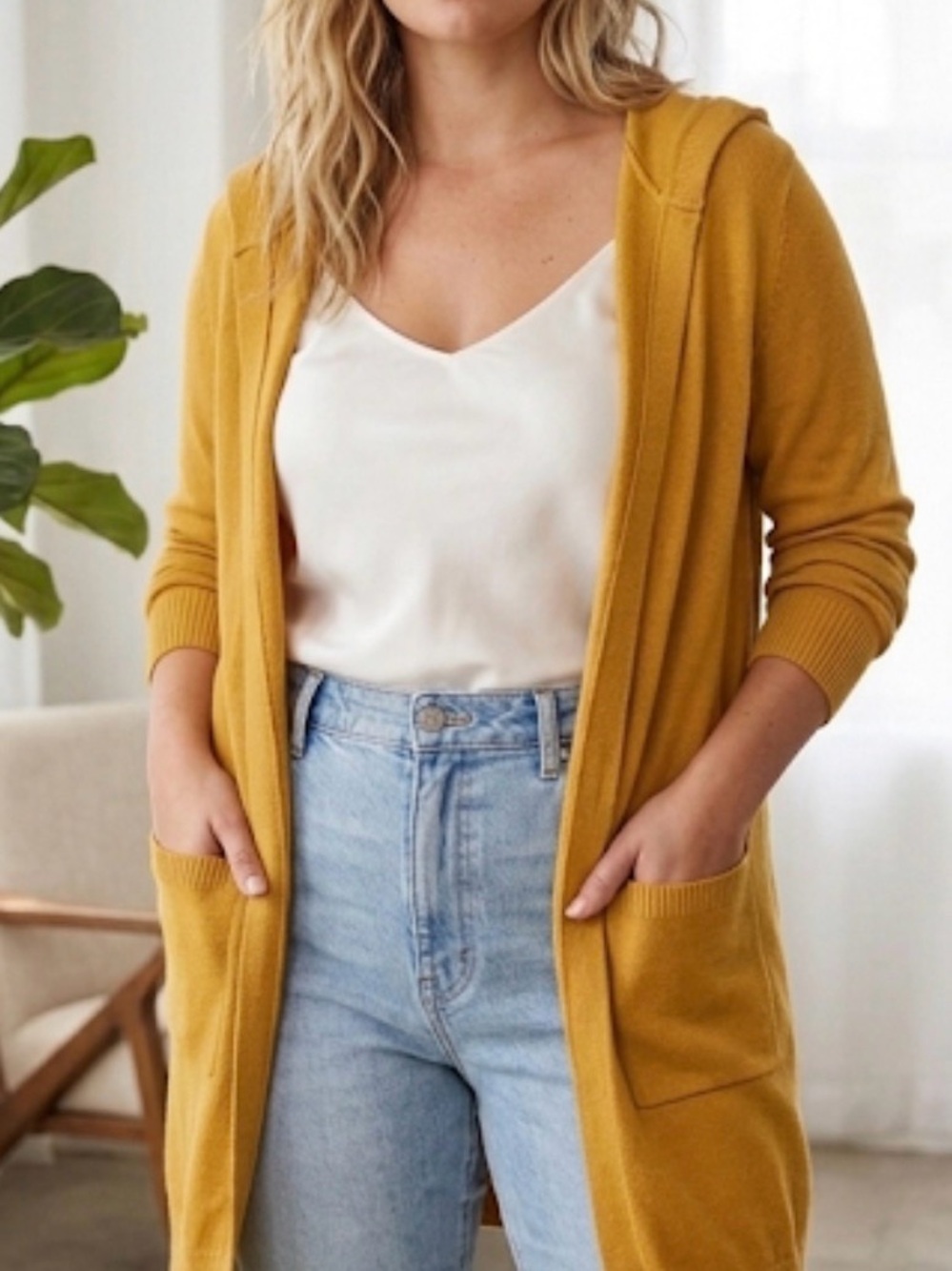 Verve Ami Mustard Open-Front hooded Cardigan with pockets XL